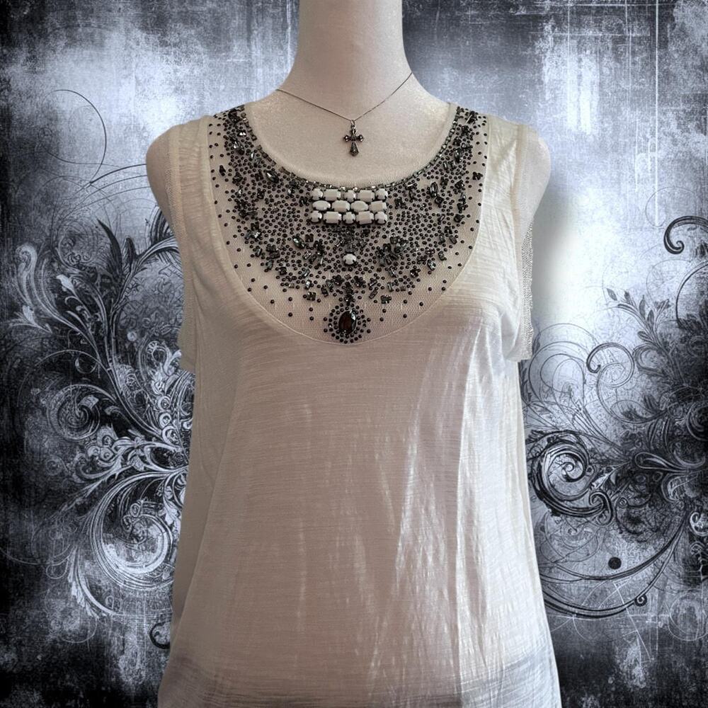 BCBG ornate beaded & rhinestoned sheer white sleeveless top - Picture 2 of 8
